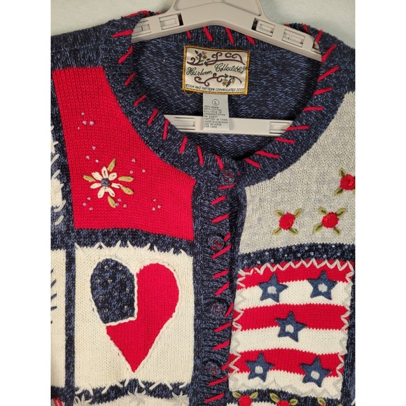 VTG Hearts Valentine Cardigan Sweater LARGE Heirloom Collectibles Americana - Picture 2 of 8